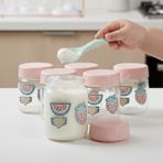 Krommet Pembe Renkli Altılı Desenli Bebek Mama Kavanozu 200 ml Cam Malzeme ile Sağlıklı Kullanım