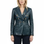 Kruvaze Blazer Gerçek Hakiki Deri Fantezi Düğmeler Kadın Kim - Kardashian Uzun Kollu Ceket Tarzı Deri Dış Giyim, mavi (Teal Blue), M