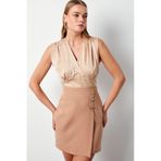 Kruvaze Desenli Saten Bluz - Camel