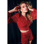 Kruvaze Payetli Crop Bluz - KIRMIZI