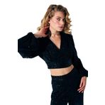 Kruvaze Payetli Crop Bluz - SİYAH