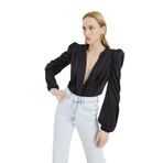 Kruvaze Saten Bodysuit Bluz - SİYAH