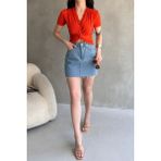 Kruvaze Yaka Crop Bluz - Turuncu