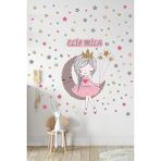 Kt Grup Isme Özel Ayda Oturan Sevimli Kız ve 150 Adet Yıldız ve Puantiyeler Çocuk Odası Duvar Sticker Seti - 60 x 70 cm