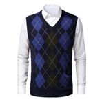 KTWOLEN Erkek Baklava Desenli Kazak Yelek V Yaka Kolsuz Kazak Yelek Örme Jile Kazak Centilmen Triko Yelek, Navy Blue, M