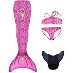 Kuaki Mermaids Prenses Deniz Kızı Bikini Kostüm Seti, 4'lü Takım, Pembe,%80 Polyester,%20 Elastan, 3D Pullu, Monofin Destekli ve Kuyruk Detaylı, Yaş Seçeneği (8-10 Yaş)