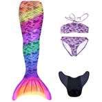 Kuaki Mermaids Rainbow Deniz Kızı Kostümü, 4'lü Set, Bikini ve Kuyruk, Gökkuşağı Renkli, Kız Çocuk,%80 Polyester,%20 Elastan, 3D Parlak Pullu, Yaş Seçeneği (8-10 Yaş)