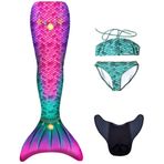 Kuaki Mermaids Star Deniz Kızı Bikini Kostüm Seti, 4'lü Takım, Çok Renkli,%80 Polyester,%20 Elastan, 3D Pullu, Monofin Destekli, Yaş Seçeneği (8-10 Yaş)