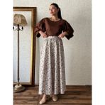 Küçüğüm Butik Gri Kahve Çiçekli Kloş Poplin Etek - Gri - Kahverengi - S - M