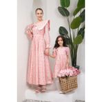 Küçüğüm Butik Tesettür Bahar Dalı Pudra Rengi Seyyar Yakalı Kloş Anne Kız Kombini - 5 - 6 Yaş