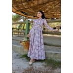 Küçüğüm Butik Tesettür Kahverengi Pastel Çiçekli Boyundan Bağlamalı Kloş Elbise - 3XL