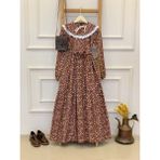 Küçüğüm Butik Tesettür Vintage Seyyar Yakalı Kahve Çiçekli Kat Kat Elbise - 3XL - Kahverengi