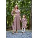 Küçüğüm Butik Vintage Yakalı Kahverengi Çiçekli Uzun Kol Kloş Anne Kız Kombini (Tekli Fiyattır) - 2XL