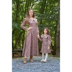 Küçüğüm Butik Vintage Yakalı Kahverengi Çiçekli Uzun Kol Kloş Anne Kız Kombini (Tekli Fiyattır) - XL
