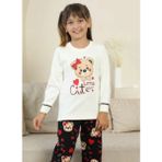 Küçük Sevimli Ayıcık Desenli Kız Çocuk Pijama Takımı - Ekru - Ekru - Siyah - 5 - 6 Yaş