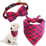 KUDES 2 Paket Kedi ve Köpek Tasması Çan ile Ayrılma ve Bandana Seti, Ayarlanabilir Ekose Papyon ve Eşarp Üçgen Önlük Mendil Küçük/Orta/Büyük Köpekler için (Kırmızı Ekose, S (24,8 cm-35,5 cm))