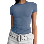 KUKEYIEE Kadın Basic T-Shirt Kısa Kollu Crop Top Casual Y2K Yuvarlak Yaka Üst Giyim Slim Fit Tişört, Açık Mavi-1, M