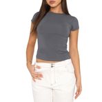 KUKEYIEE Kadın Basic T-Shirt Kısa Kollu Crop Top Casual Y2K Yuvarlak Yaka Üst Giyim Slim Fit Tişört, Gri - 1., L