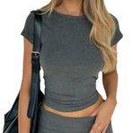 KUKEYIEE Kadın Basic T-Shirt Kısa Kollu Crop Top Casual Y2K Yuvarlak Yaka Üst Giyim Slim Fit Tişört, Koyu Gri-2, XL