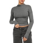 KUKEYIEE Kadın Casual Crop Tops Pamuk Slim Fit Top Mock Turtle Uzun Kollu Tişört Basic Bluz Tee Tops, Koyu gri-g, S