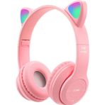 Kulaklığı, Kedi Kulağı Led Işıklı Bluetooth 5.0 Katlanabilir Kablosuz Oyun Kulaklığı, Çocuklar Yetişkinler Için, Rahat Dahili Mikrofon Gürültü Engelleme Kulak Üstü Kulaklık (Pembe)