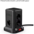 Kule Tipi Akım Korumalı Çoklu Priz – 3 Usb-A + 1 Type-C Çıkışlı, Tek Tuş Kontrollü Kompakt Tasarım - Siyah