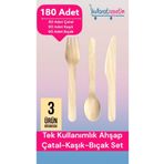 Kullanatsepetim Kullan At Ahşap Tahta Kaşık Çatal Bıçak Set 180 Adet ( 60 Çatal 60 Kaşık 60 Bıçak)