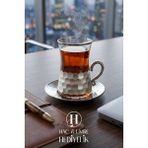 Kulplu Platin Çay Bardak Seti | 6 Kişilik Çay Takımı | Petek Desenli Platin Işlemeli Lüks Çay Takımı | Kulplu Cam Çay Bardağı Takımı - Gümüş