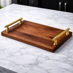 Kumi Lüks El Yapımı Ceviz Ağacı Servis Tepsisi - Gold Metal Kulplu (45X25 Cm) - Altın