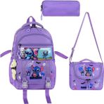 KumOziShop Stitch Baskılı Ortopedik Aksesuarlı Anahtarlıklı Okul Çantası Termal Beslenme ve Kalemlikli Set - Mor