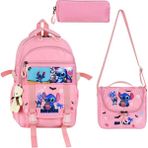 KumOziShop Stitch Baskılı Ortopedik Aksesuarlı Anahtarlıklı Okul Çantası Termal Beslenme ve Kalemlikli Set - Pembe