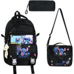 KumOziShop Stitch Baskılı Ortopedik Aksesuarlı Anahtarlıklı Okul Çantası Termal Beslenme ve Kalemlikli Set - Siyah