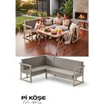 KUMSHOME Pi Köşe Metal Bahçe Balkon Takımı 3+2 Yön Değiştirilebilir Ahşap Masa Bej