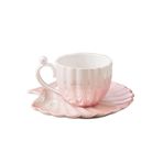Kupalar Inci Kabuk Kahve Fincanları Tabağı Ile 3D Seramik Çay Kupalar Kız Doğum Günü Noel Için Kahvaltı Su Şişesi Kahve Kupası(Pink)