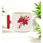 Kurdela Tasarımlı Kırmızı T Kulplu Seramik Baskılı Kupa Bardak 250 ml - Beyaz - Krem