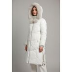 Kürklü Kapüşonlu Krem Kadın Şişme Mont – Elyaf Dolgulu, Ponpon Detaylı, Uzun Model (95 Cm) - XL