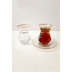 Kurşun Kristal Lav Alya Gerçek Altın Yaldızlı (BULAŞIK MAKİNESİ GARANTİLİ) 12 Parça Çay Bardağı Çay Tabağı Seti - 12 Adet