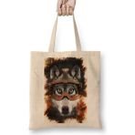 Kurt Köpek Pug Bez Çanta Uzun Saplı - Açık Bej - 40 X 40