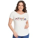 Kurun's Collection Büyük Beden Baykuşlar Baskılı Geniş V Yaka Kısa Kol Oval Yırtmaç Bluz Ekru 58-60