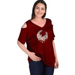 Kurun's Collection Büyük Beden Boho Hilal Baskılı Omuzu V Pencere Kısa Kol Bluz Bordo 54-56