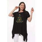 Kurun's Collection Büyük Beden Çiçek Yoga Baskılı Kısa Kol Yırtmaçlı Basic Bluz Siyah 46-48