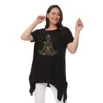 Kurun's Collection Büyük Beden Çiçek Yoga Baskılı Kısa Kol Yırtmaçlı Basic Bluz Siyah 50-52