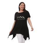 Kurun's Collection Büyük Beden Daisies Baskılı Kısa Kol Yırtmaçlı Basic Bluz Siyah 50-52
