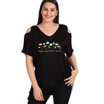 Kurun's Collection Büyük Beden Daisies Baskılı Omuzu V Pencere Kısa Kol Bluz Siyah 54-56
