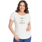 Kurun's Collection Büyük Beden Dragonfly Baskılı Geniş V Yaka Kısa Kol Oval Yırtmaç Bluz Ekru 42-44