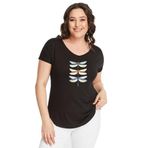 Kurun's Collection Büyük Beden Dragonfly Baskılı Geniş V Yaka Kısa Kol Oval Yırtmaç Bluz Siyah 50-52