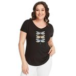 Kurun's Collection Büyük Beden Dragonfly Baskılı Geniş V Yaka Kısa Kol Oval Yırtmaç Bluz Siyah 54-56