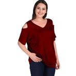 Kurun's Collection Büyük Beden Omuzu V Pencere Kısa Kol Bluz Bordo 54-56