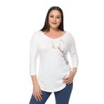 Kurun's Collection Büyük Beden Sakura Baskılı Geniş V Yaka Yarım Kol Oval Yırtmaç Bluz Beyaz 54-56
