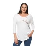 Kurun's Collection Büyük Beden Sakura Baskılı Geniş V Yaka Yarım Kol Oval Yırtmaç Bluz Beyaz 58-60